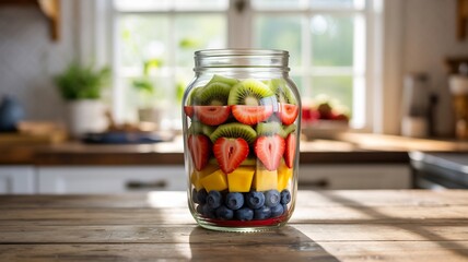 Colorful layered fruit infused water in a glass jar on a wooden table in a kitchen