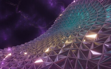 Abstract geometric crystal structure with iridescent light and nebula background