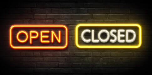 Obraz premium Neon signs illuminating 'open' and 'closed' on a brick wall at night, highlighting business hours and accessibility Generative AI