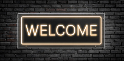 Bright neon welcome sign illuminating a brick wall at night creates a warm, inviting atmosphere for visitors and guests Generative AI