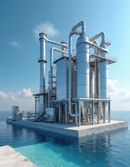 Fototapeta premium Modern water desalination plant on blue ocean surface under sunny skies. Large industrial facility with pipes, tanks converts seawater into fresh water, advanced engineering for resource management,