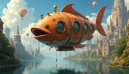 Whimsical orange fish airship floats above serene landscape with castles and river. Hot air balloons and steampunk machinery add to imaginative, dreamlike scene. Explore this surreal fantasy world.
