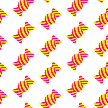 Candy artwork in seamless pattern. Striped doodle wallpaper in red, yellow, tones. Sweet Candy background perfect for Valentine treats, halloween party, Easter, Christmas candy prints or wrappers.