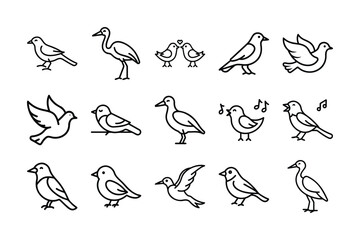 Assorted bird line art icons with music notes birds