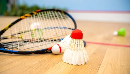 Badminton equipment on court floor