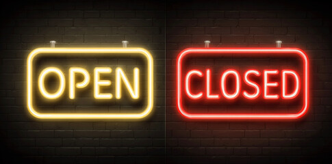Open and closed neon signs contrasting against a dark background create a striking visual display in a nighttime urban context Generative AI