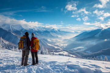 Couple enjoys breathtaking mountain scenery while hiking in snow-covered landscape during winter afternoon Generative AI