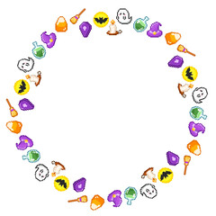 Halloween Pixel Art Round Frame, Ghost Bat Witch Candy Pumpkin Potion, Digital Border for Invitations and Kids Party Cards