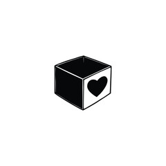Black cube with heart on white background love symbol
