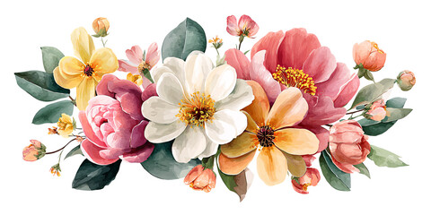 Watercolor floral arrangement with pink peonies, white blossoms, and yellow flowers on black background Concept of spring, summer, and botanical illustration
