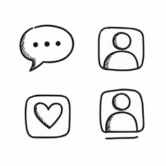 Hand-drawn icons of conversation, user profile, and heart symbols  