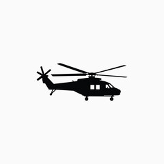 Black silhouette of a modern helicopter in flight on a white background