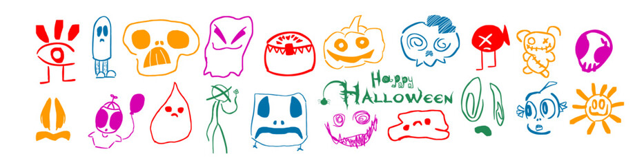 Simple Halloween Monster set. hand drawn. Not AI, Vector illustration.
