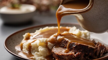 Roast Beef and Mashed Potatoes with Gravy Pour