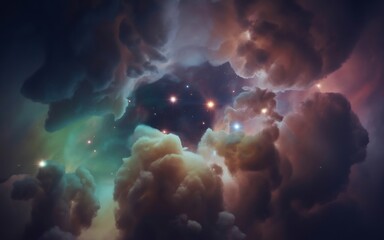 Vibrant cosmic nebula with glowing stars and swirling gas clouds in deep space