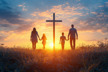 Silhouette of Family Walking to Christian Cross at Sunset