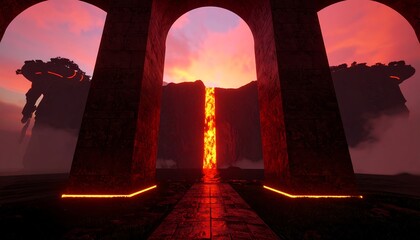 Ancient ruins portal glowing lava