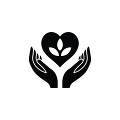 Hands holding a heart with sprouting leaves love care