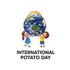 Two happy children carrying the earth shaped like a potato on international potato day isolated on transparent background
