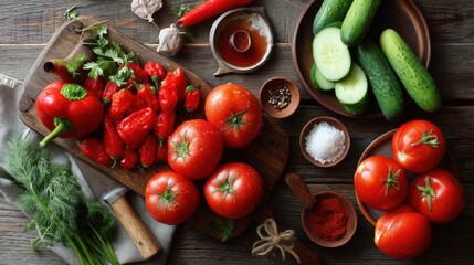 Fresh Vegetable Preparation: Tomatoes, Peppers, and Cucumbers on Rustic Wood