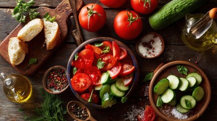 Fresh Tomato and Cucumber Salad Preparation on Rustic Wood