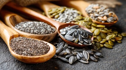 Seed Variety: Assortment of Chia, Sunflower, and Pumpkin Seeds in Wooden Spoons