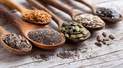 Spoons of Superfood Seeds: Chia, Flax, Pumpkin, Sunflower