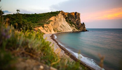 Coastal cliffs meet a sandy beach at sunset