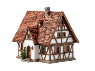 Charming Miniature Half-Timbered House Model with Red Tile Roof, Isolated on Black Background