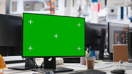 Empty desk with copy space display on pc assists in solar panel factory, manufacturing process in the production line at the solar cell plant. Sustainable solutions for cheaper energy.