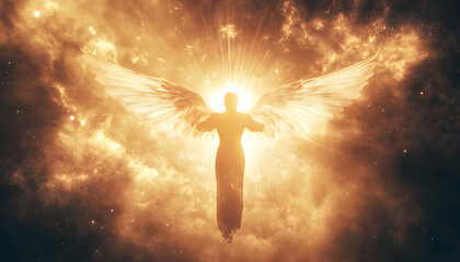 Radiant Angel Appearing in Night Sky over Field. A glowing angel in the night sky spreads light over a field, symbolizing a divine