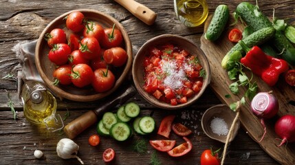 Fresh Tomato and Cucumber Salad Preparation on Rustic Wood