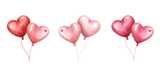 Watercolor balloon set with romantic heart symbols for greeting cards and celebrations.
