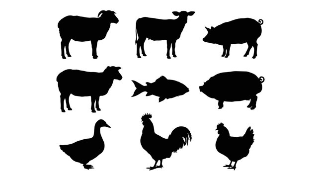 Silhouette farm livestock animal set vector illustration sheep cow pig chicken duck fish graphic design art