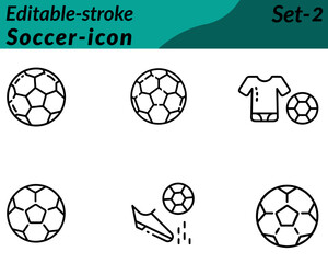 Obraz premium Soccer icon character in bold vector style, featuring a classic black-and-white soccer ball goalpost and dynamic player silhouette in action kick or dribble pose. Can include whistle cleats or trophy.