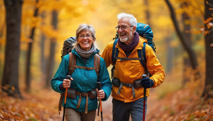 Energetic older couple hikes through vibrant autumn forest. Smiling seniors wear hiking gear, use walking sticks. Companions enjoy fall foliage scenery, practicing outdoor fitness, healthy lifestyle.
