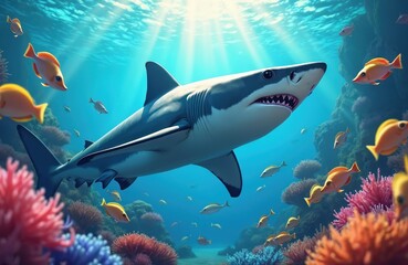 Fototapeta premium Majestic swims in clear blue ocean water among colorful coral reefs, small schooling fish. Sunlight rays penetrate sea surface illuminating vibrant marine life. Underwater scene captures diverse