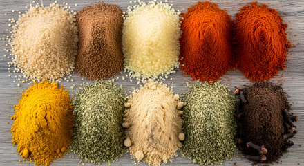 Twelve culinary spices and grains arranged in two rows of six on natural linen — vibrant powdered turmeric, paprika