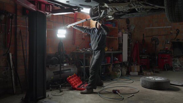 An auto service professional at work, using a long breaker bar for extra leverage on a tight bolt. A routine but demanding procedure during vehicle maintenance and chassis repair in a workshop.