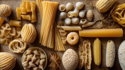 Variety of Uncooked Pasta Shapes on Textured Background