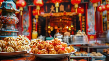 Fototapeta premium Colorful display of traditional Taiwanese dumplings at the Feast of Two Dozen. Lanterns illuminate the festive atmosphere in a vibrant market setting, Double Tenth Day