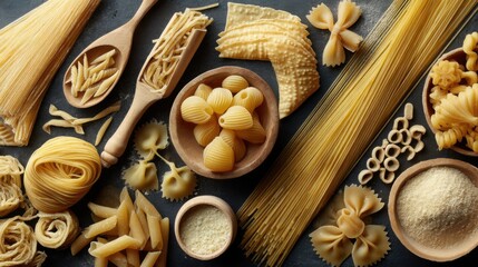 Assorted Uncooked Pasta Varieties on Dark Background