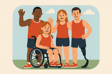 Athletes with Disabilities Group Photo Cartoon Flat Illustration