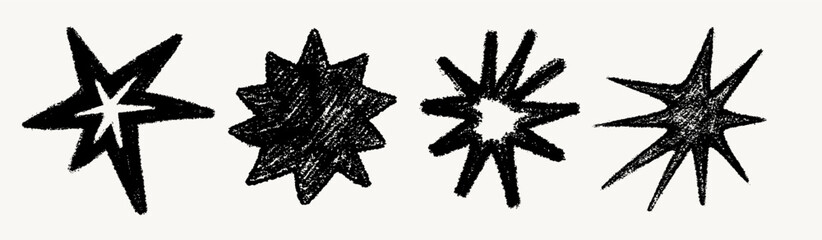 Hand drawn crayon star set with chalk pencil texture in different shapes. Textured star doodles with rough sketch style. Perfect for posters, stickers, fabric, prints