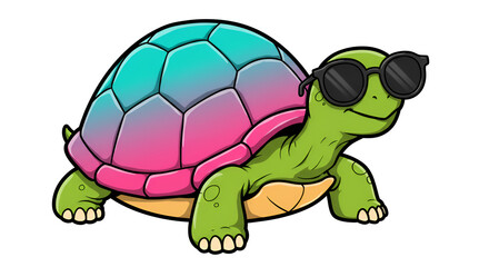 Cartoon turtle wearing sunglasses with a colorful shell, fun, cheerful, and cool appearance.