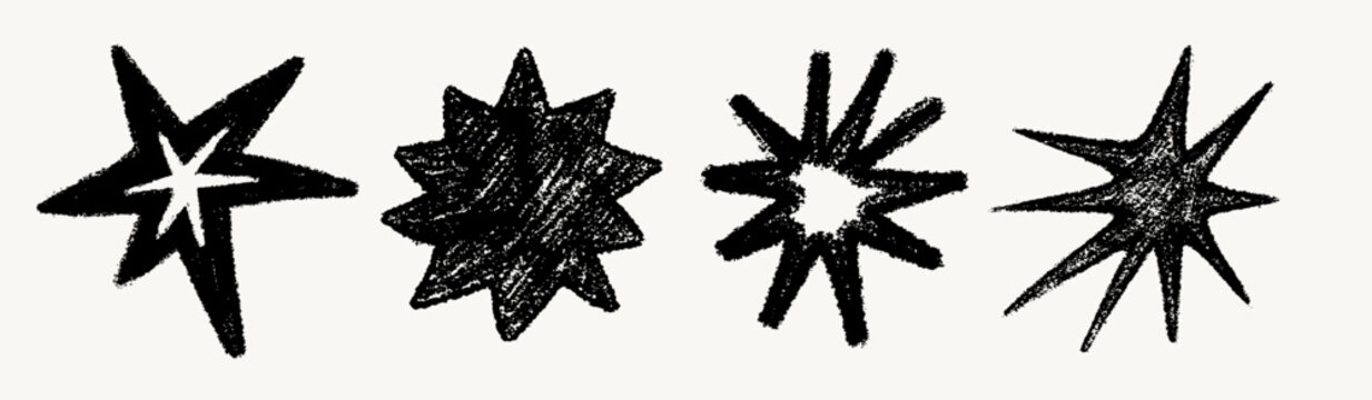 Hand drawn crayon star set with chalk pencil texture in different shapes. Textured star doodles with rough sketch style. Perfect for posters, stickers, fabric, prints