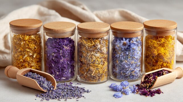 Wooden scoop beside herbal glass jars - Powered by Adobe