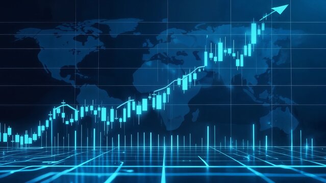 Financial growth chart with candlestick data overlaid on world map background showing global market trends
