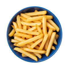 Crispy golden french fries piled high in a rustic blue bowl a delicious and popular fast food snack isolated on transparent background