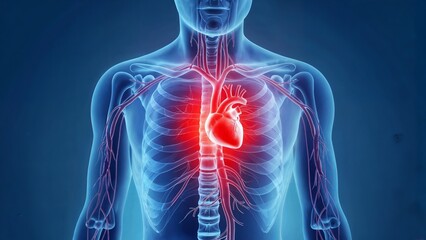 Medical anatomy illustration showing transparent human torso with glowing red heart and circulatory system